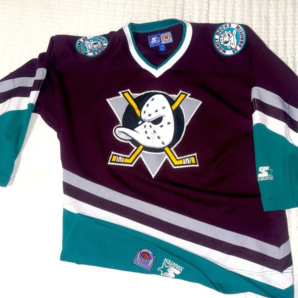Anaheim Mighty Ducks 90s STARTER jersey youth L/XL away purple NHL vtg